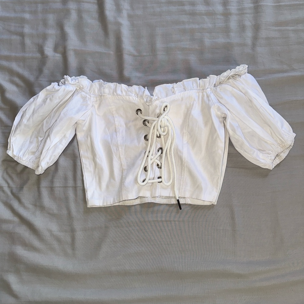 White Off-Shoulder Lace-Up Top